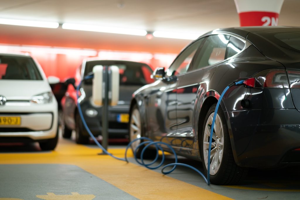 Electric Vehicle in charging station.