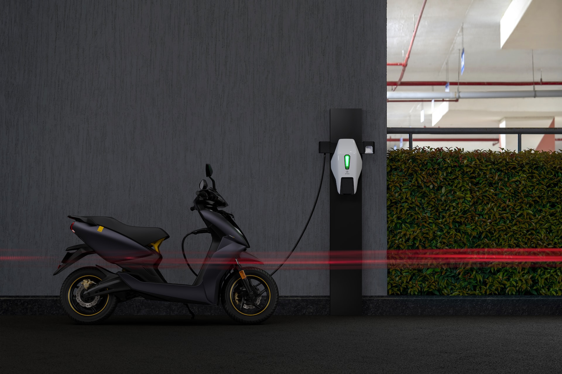Motorcycle Charging on a Public EV Charging Station.