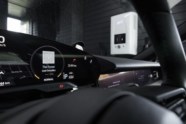 View of dcbel smart home energy station from the inside of a Porsche car.