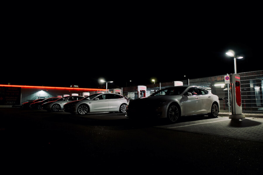 Tesla Charging Station at night.
